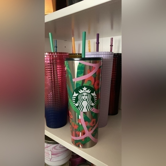 NWT STARBUCKS STAINLESS STEEL PALM LEAF AND LEOPARD PRINT TUMBLER - Picture 1 of 4